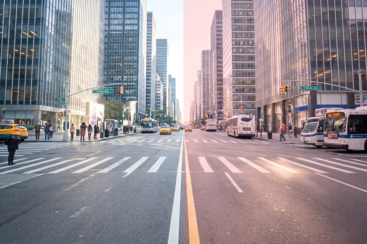 Persona usando gafas FL41 al aire libre en una calle luminosa
