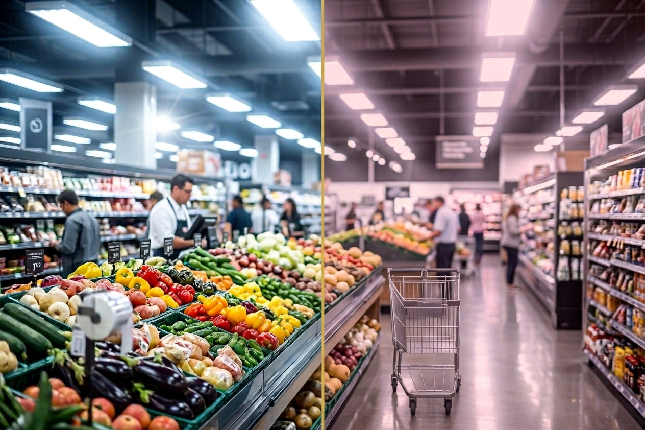 Persona usando gafas FL41 en un supermercado con iluminación intensa