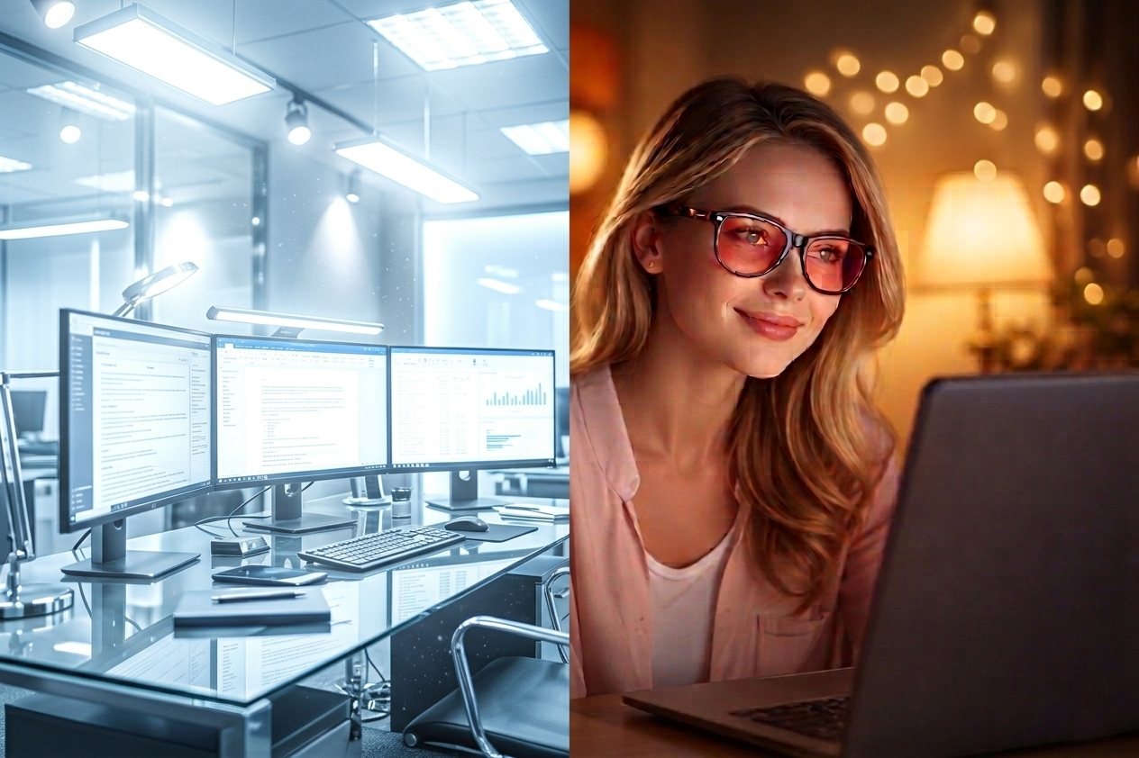 Persona usando gafas FL41 mientras trabaja frente al ordenador